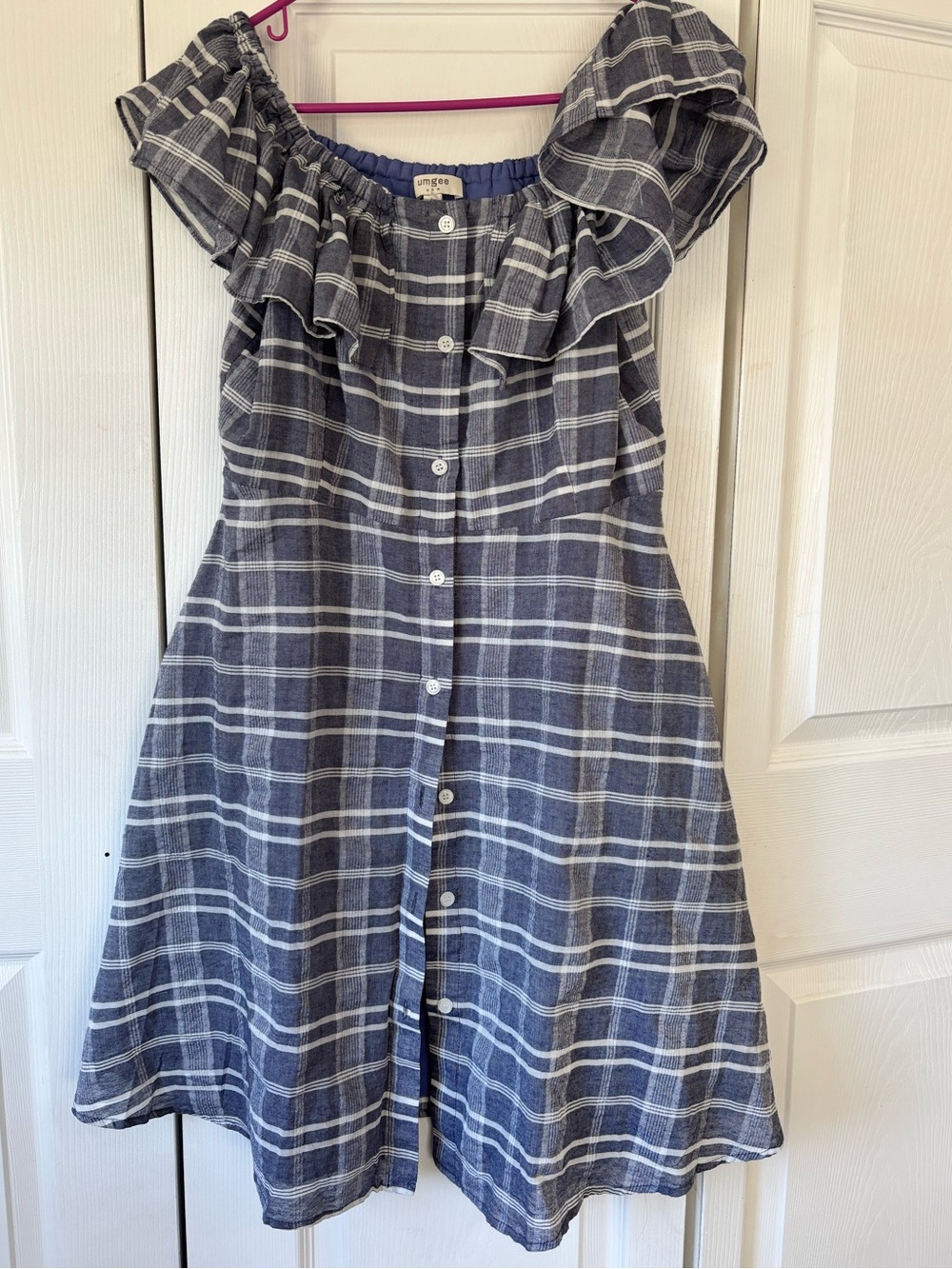 Umgee Size Large Blue White Plaid Off Shoulder Ruffle Button Front Pocket Dress - Picture 2 of 8